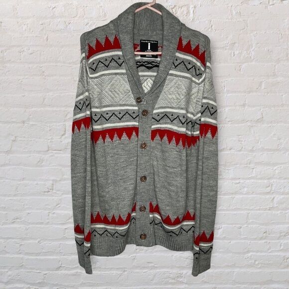 Jeans by Buffalo Men Size L Gray Aztec Southwest Wool Bld. Button Front Cardigan - Picture 1 of 12
